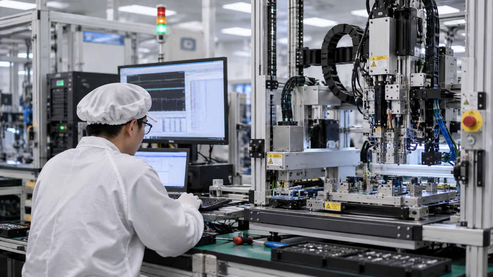 Engineer validating automated equipment at a workstation