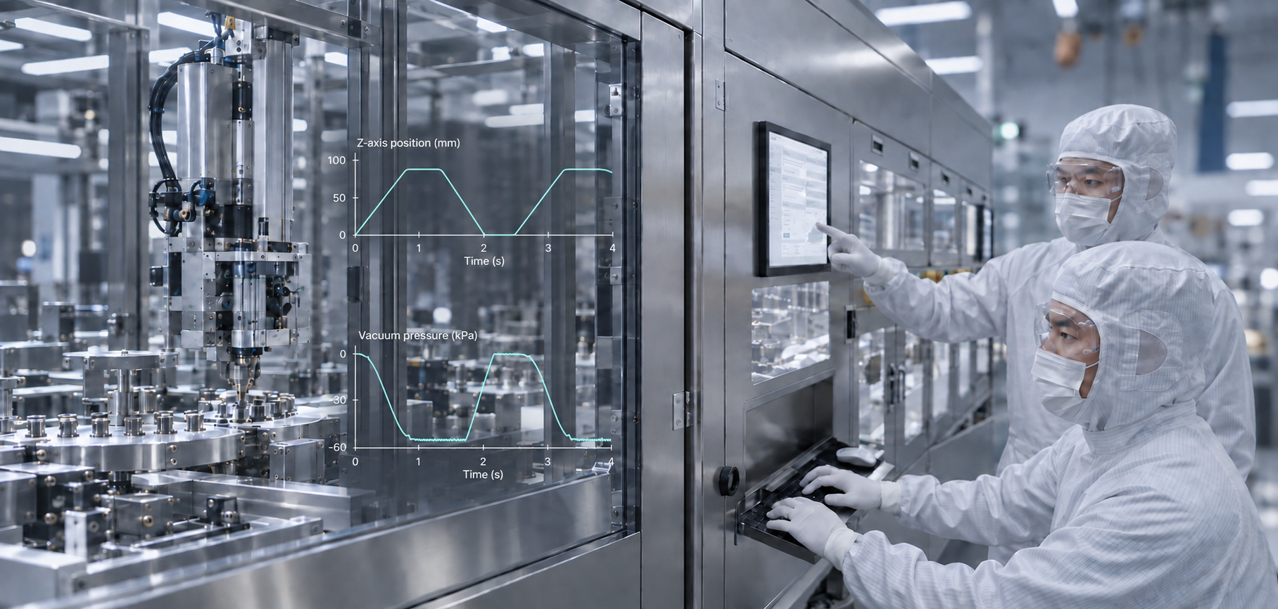 Illustrative cleanroom equipment scene with Z-axis position in millimeters and vacuum pressure in kilopascals plotted over time