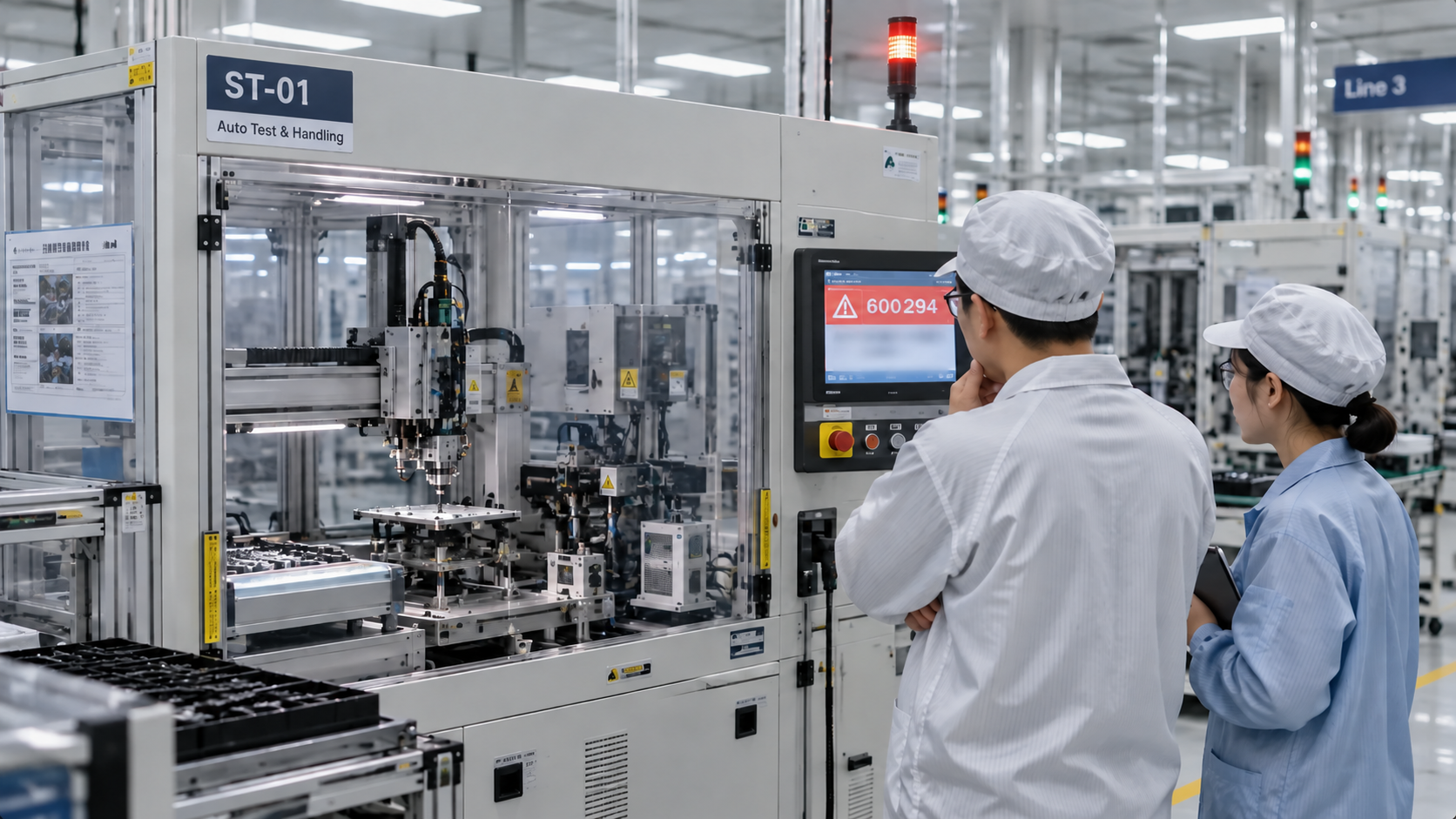 Production team investigating an equipment alarm